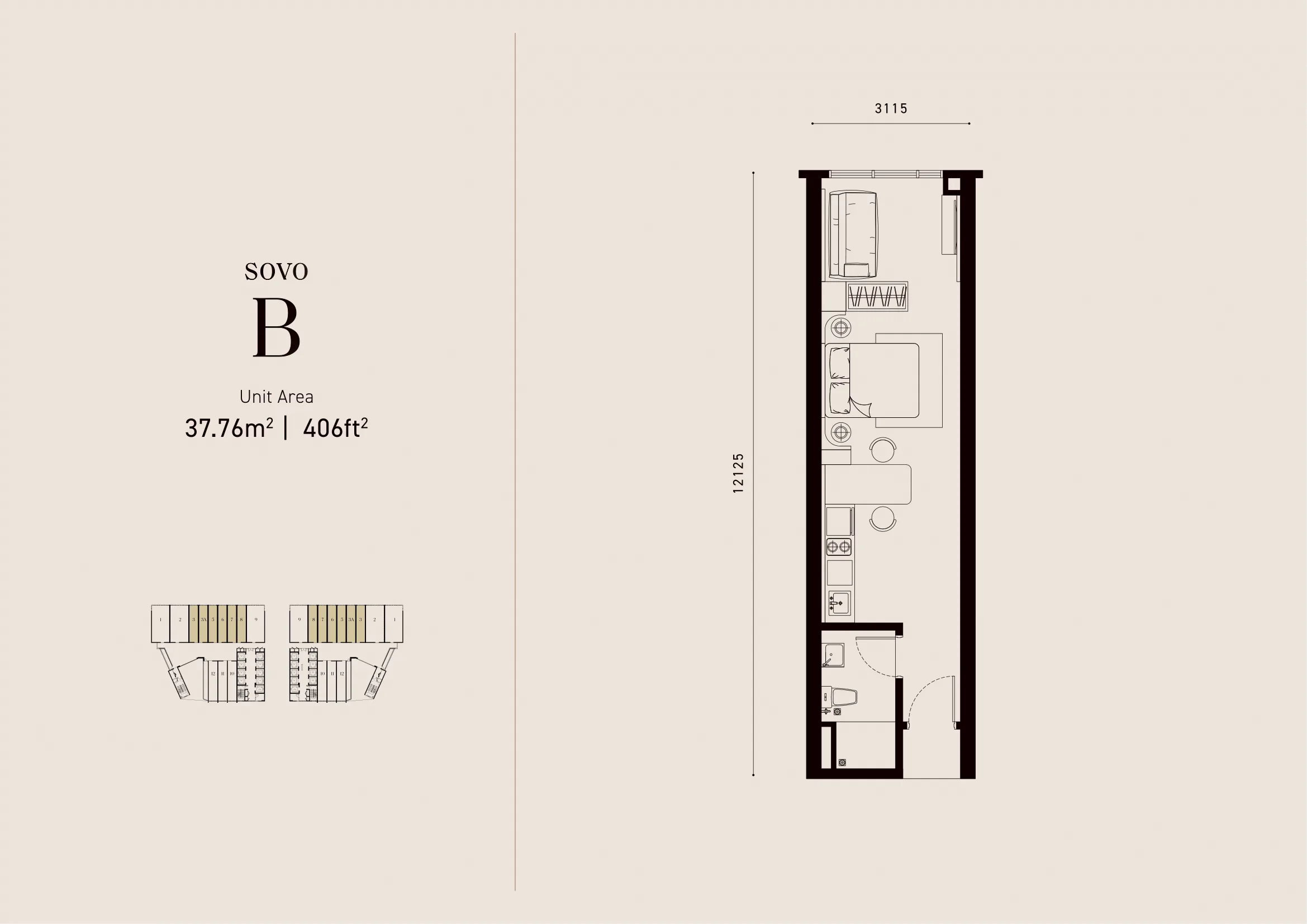 SOVO B floor plan — 406 sqft