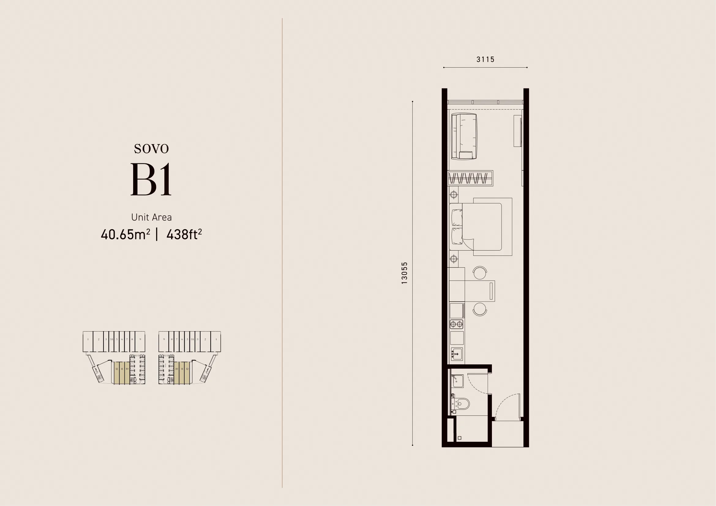 SOVO B1 floor plan — 438 sqft